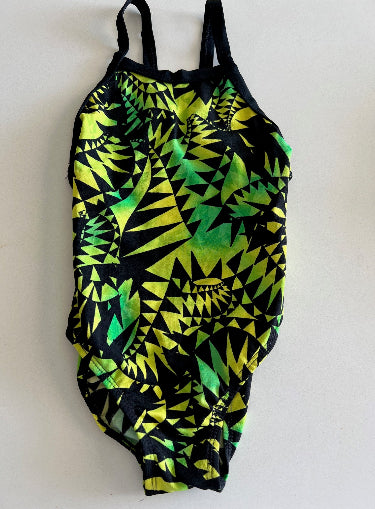 Girls One Piece Racing Bather Swimsuit - Chlorine Resistant - Green Yellow Print