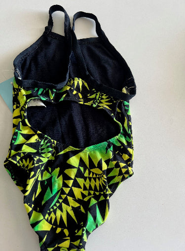 Girls One Piece Racing Bather Swimsuit - Chlorine Resistant - Green Yellow Print