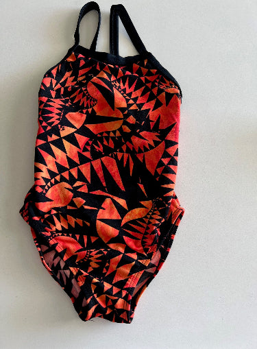 Girls One Piece Racing Bather Swimsuit - Chlorine Resistant - Orange Black Print