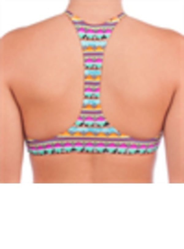 Rear view of a person wearing a bikini sports bra with a colorful geometric patterned straps and band